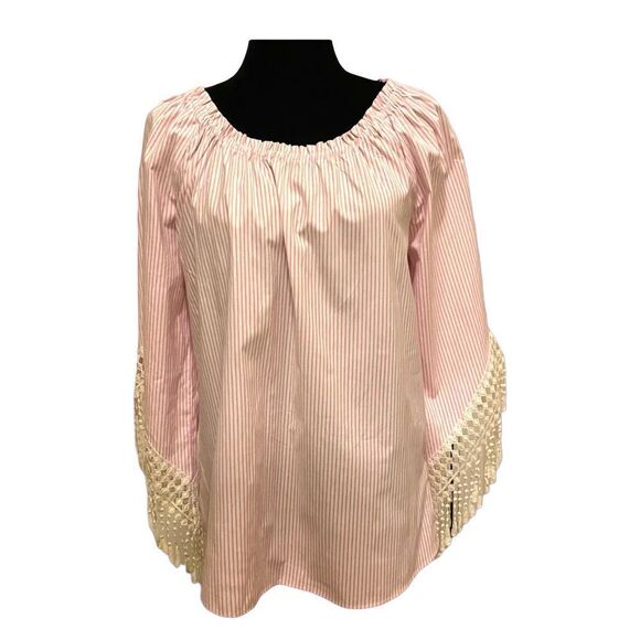 Spense Pink and White Striped  Top with Tassel 3/4 Sleeves Sz‎ M - Picture 1 of 11